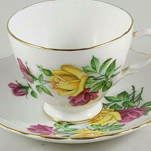 Imperial Bone China Made in England Pink/Yellow Floral Cup and Saucer